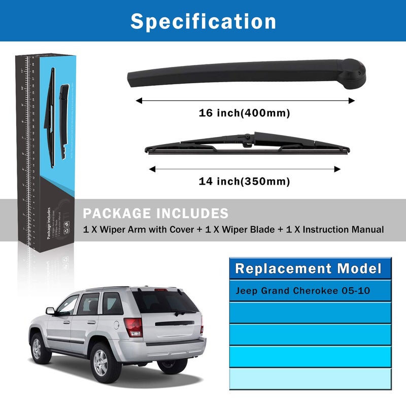 WTI Rear Wiper Arm Blade Set Compatible With Jeep Grand Cherokee 1998-2004 SUV Rear Windshield Window Wiper Kits Assembly New Replacement Accessories Parts Fit 5102882AA - Image 5